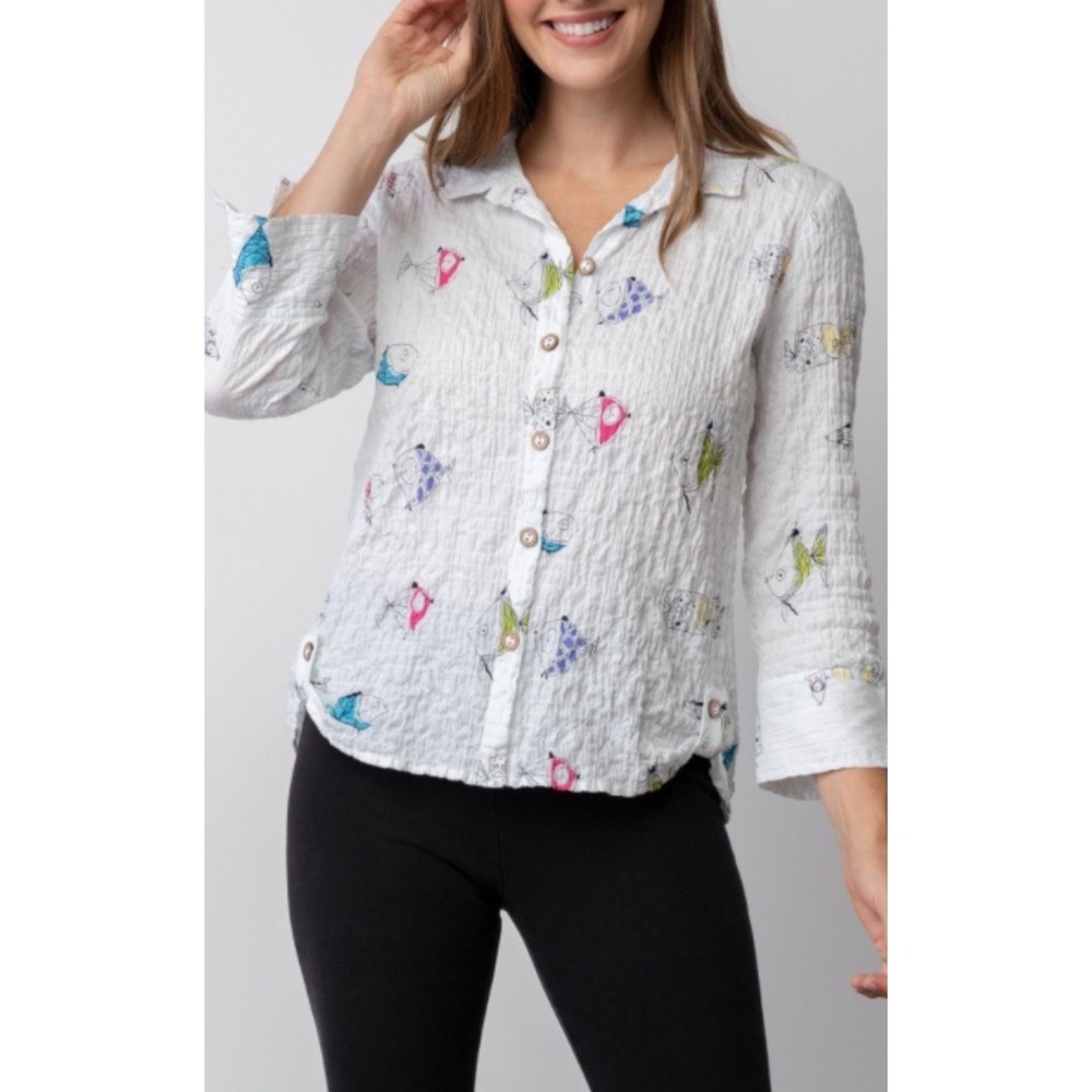 Habitat Womens S Fish Crinkle Stretch Cotton Tunic Shirt White Lagenlook 48641